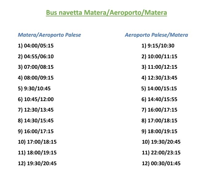 Timetables Matera - Bari Airport - Matera